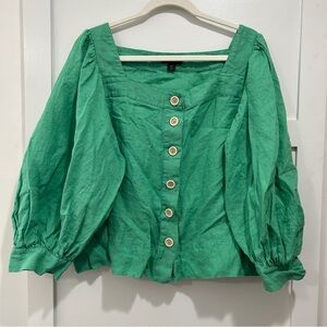 J. Crew Linen Green Boxy Blouse with Puff Sleeves size XL